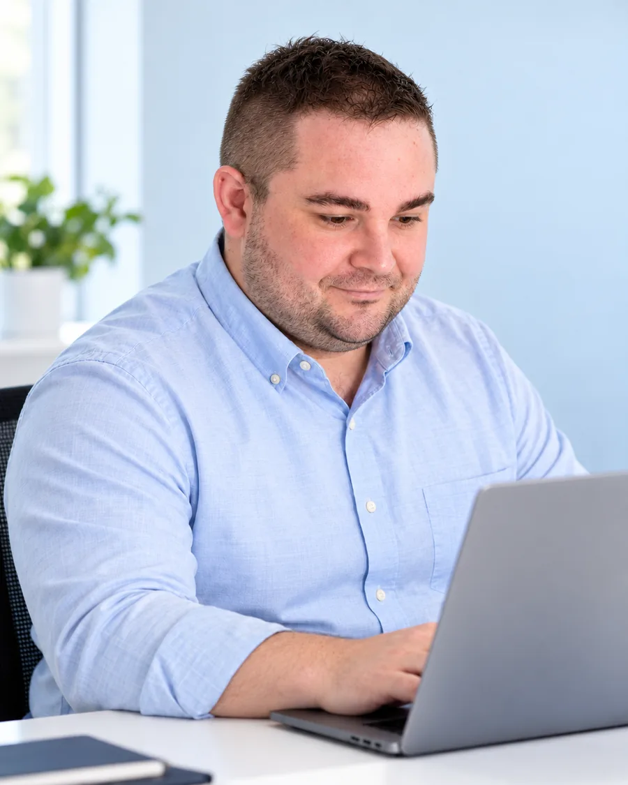 Kiszli Ákos laptopon dolgozik – email, SMS és push marketing szakember